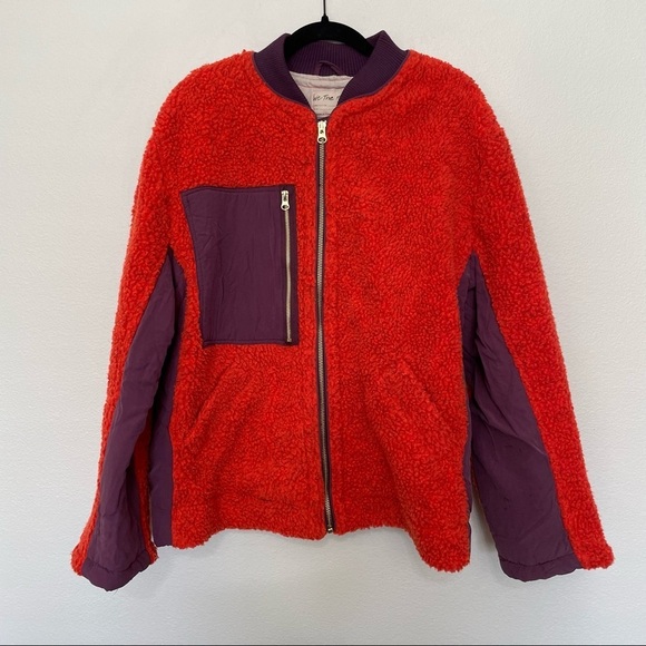 We the free Rivington Sherpa jacket red deep pile fleece and purple accents sz.M - Picture 2 of 5